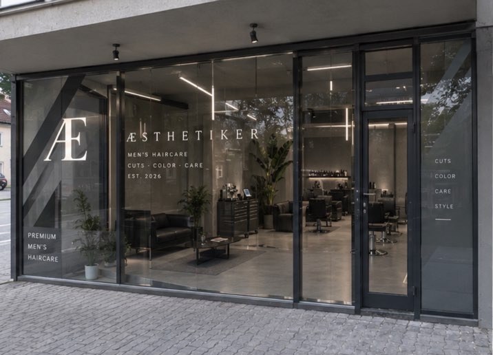 Schaufenster mit Æ-Monogramm und Schriftzug Aesthetiker